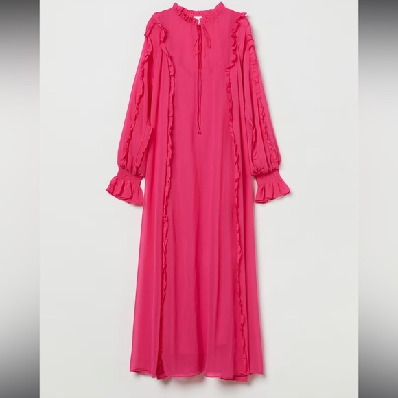 H&M Modest Chiffon Maxi Dress Cerise Pink A-Line Long Sleeve Ruffles XS - Picture 3 of 13